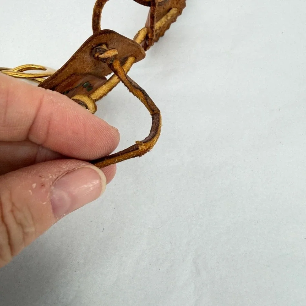 Leather Tooled Leaf Link Belt Gold Buckle Boho Western Hippie Festival SM/MD*